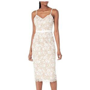 DRESS THE POPULATION Emma Embroidered Midi Dress Small S White/Gold NWT